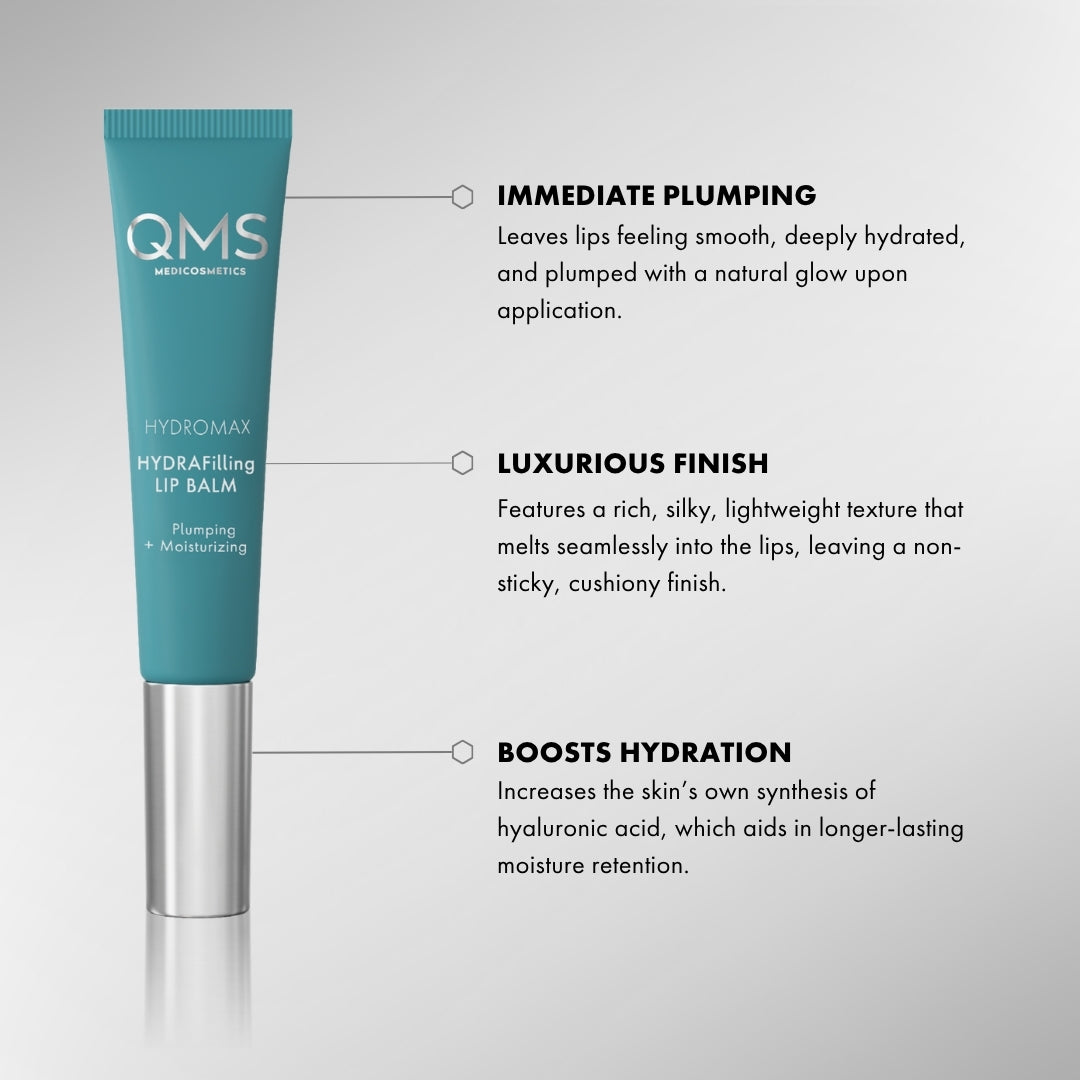 QMS lip balm tube with text on a gray background